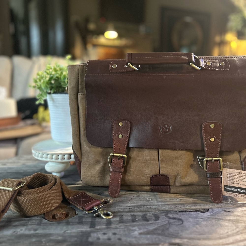 Elegant Brown Leather and Tan Canvas Laptop/Messenger Bag